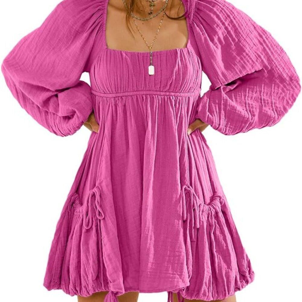 Shiyifa Women's Summer Mini Dress – XS, Square Neck, Long Sleeves, with Pockets